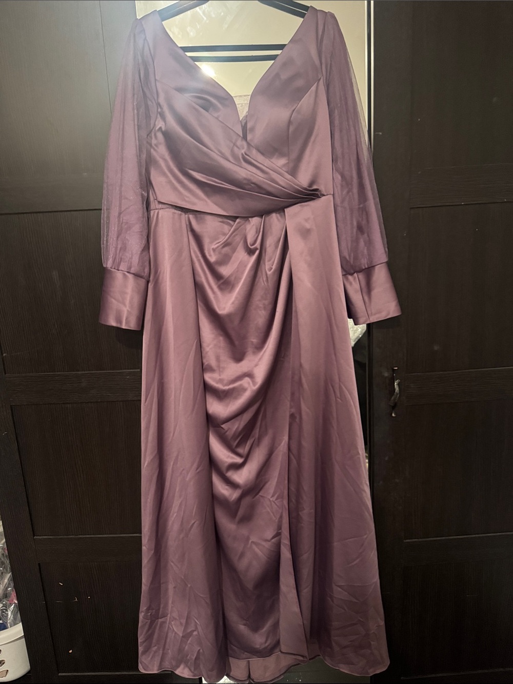 Elegant Plum Long Sleeve Satin Wrap Dress